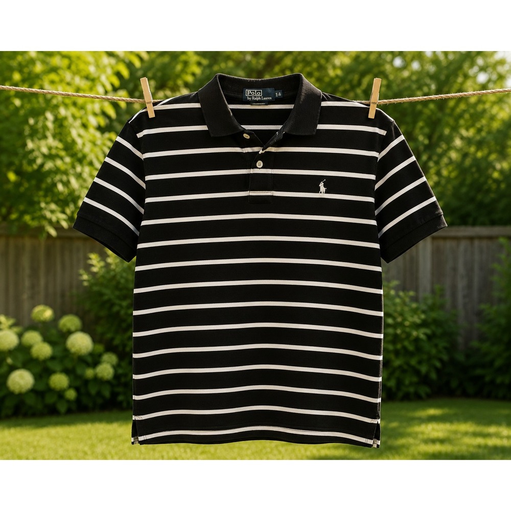 Polo Ralph Lauren Mens XL Black White Striped Polo Shirt Short Sleeve